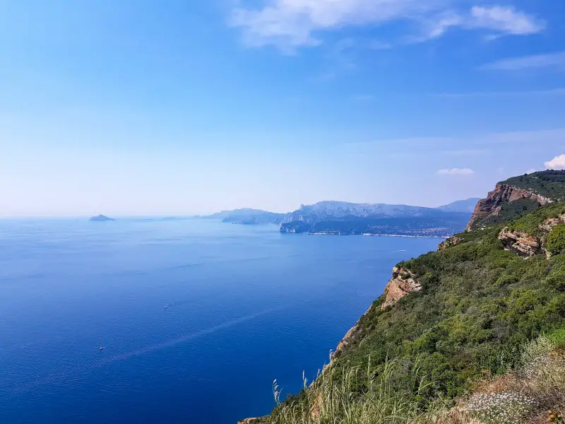 This photo captures the protruding calanques, or inlets, all the way to Marseille.