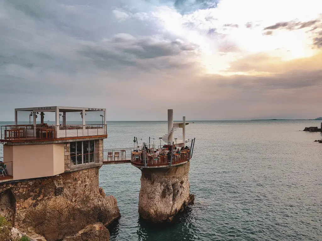 The bar at Le Plongeoir in Nice, France sits over the Mediterranean Sea